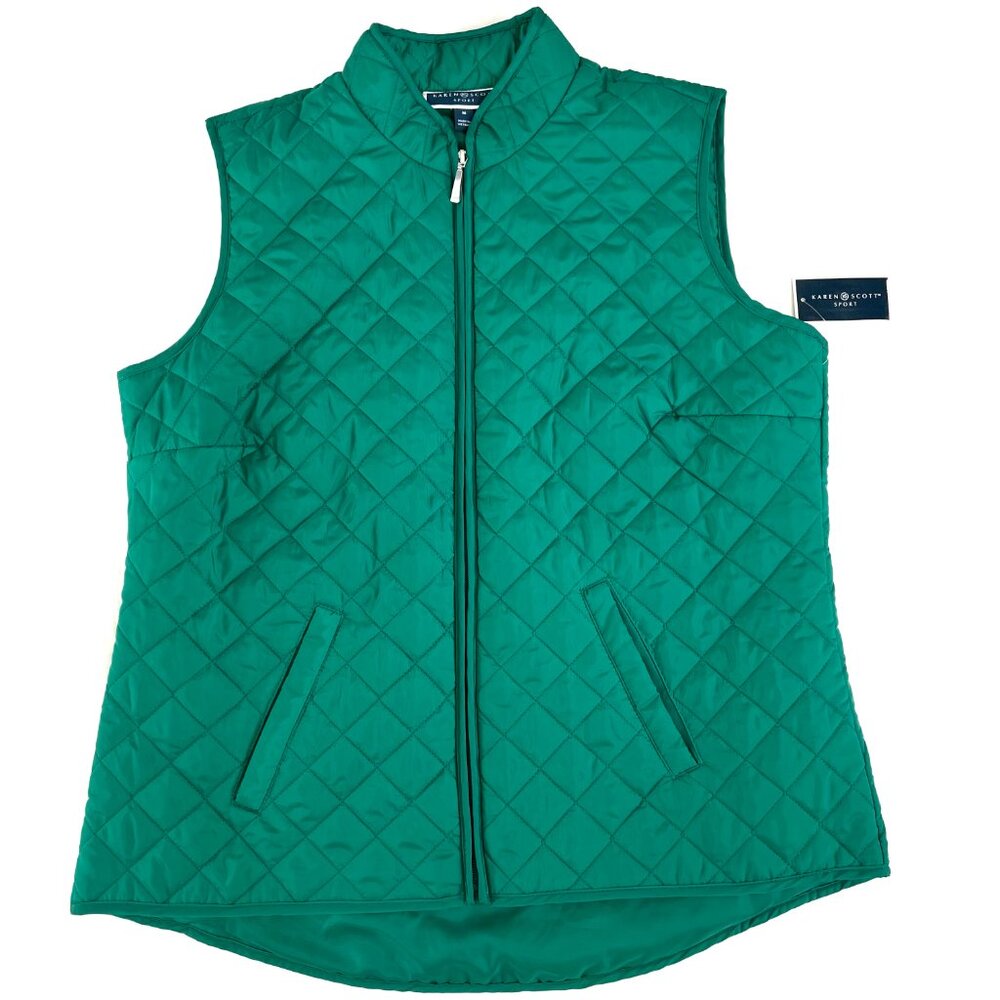 Karen Scott Sport Diamond Quilted Zip Front Mock Neck Vest Marine Green Women M
